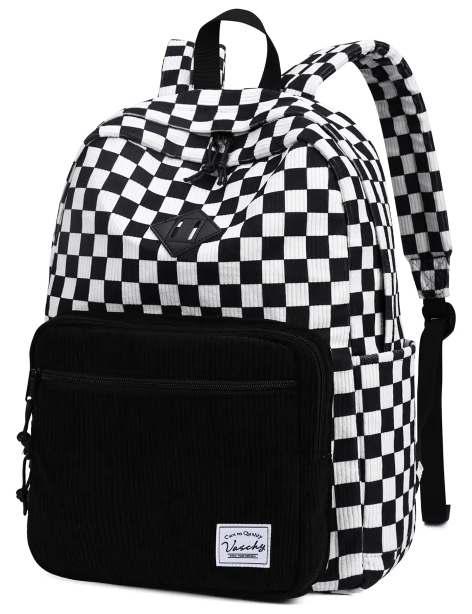 VASCHY Mochila de Pana a Cuadros Negro/Blanco, Ligera 17,7 L, para Portátil 15,6", Colegio Primaria Secundaria Instituto, Mujer y Adolescente, Daypack Casual