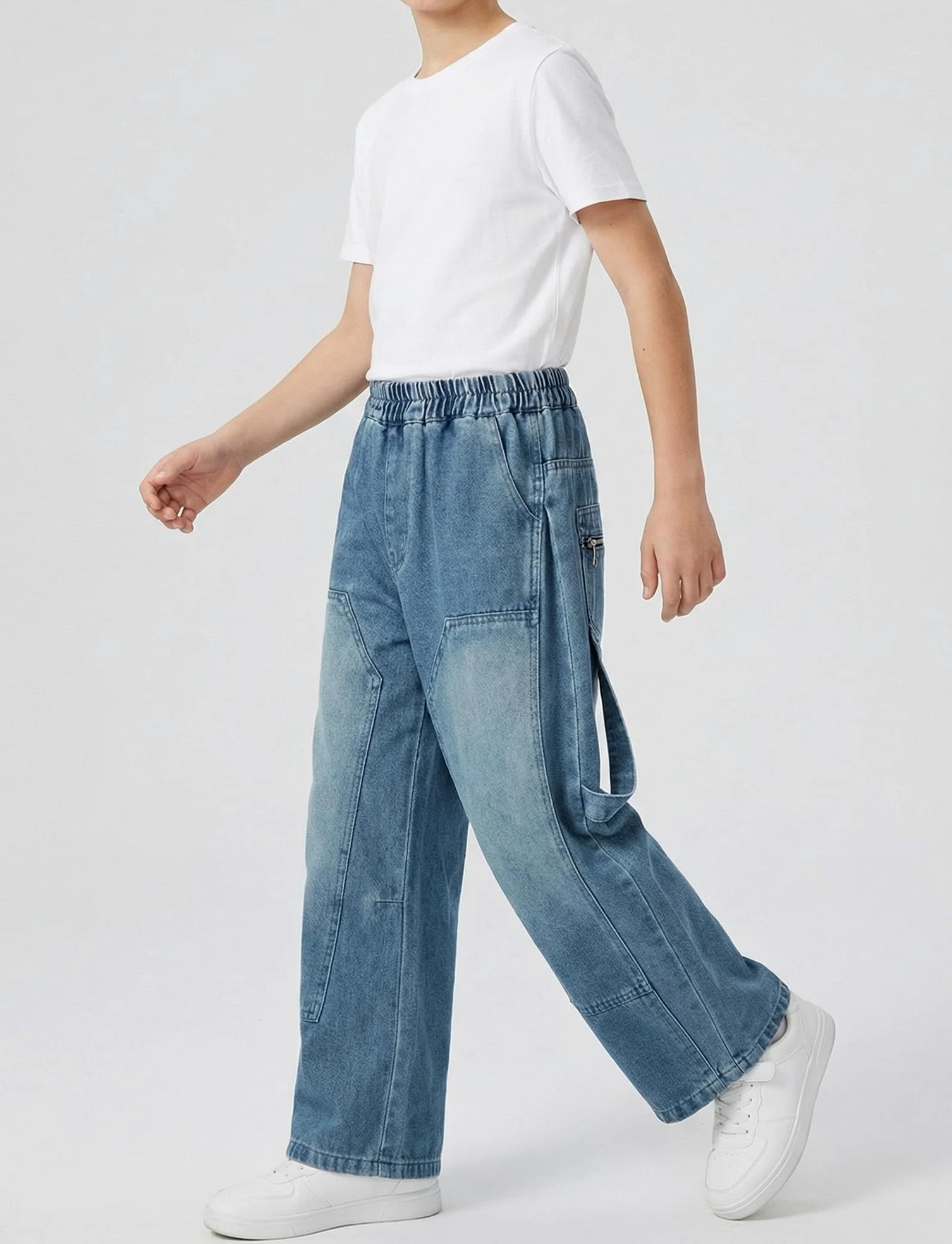 SEAUR Pantalones de mezclilla holgados de pierna ancha para niños, cintura elástica, pantalones de mezclilla para niños, pantalones cargo vintage Y2K, algodón, 6-15 años