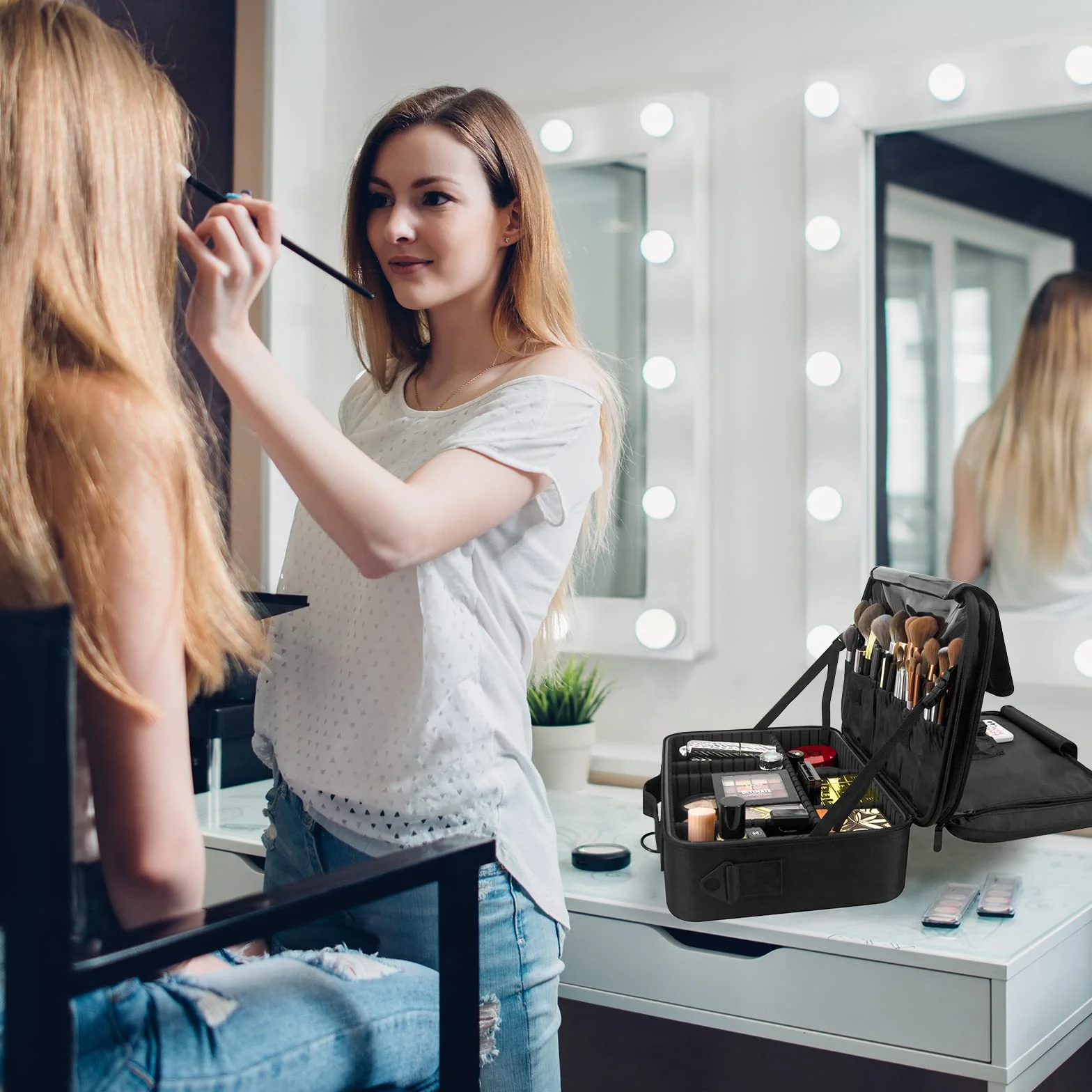 Neceser Maquillaje Maletin Organizador Mujer: Kit de Maquillaje Maleta Neceser Ligera - Bolsa Profesional de Cosméticos Viaje Portable con Divisiones Extraíbles & Bandolera