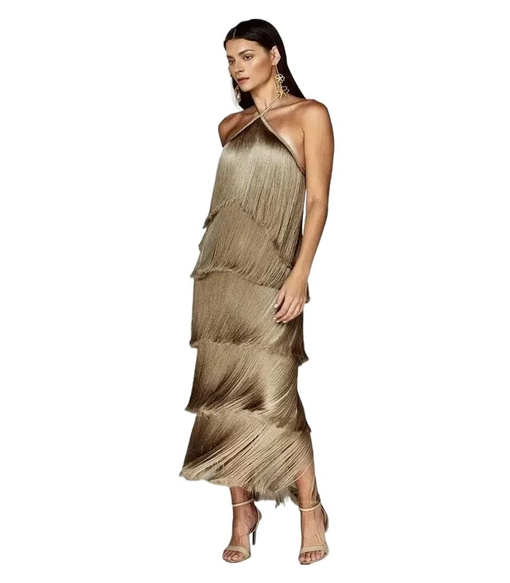Vestido Flecos Vestido con Flecos en el Cuello y Espalda Descubierta for Mujer