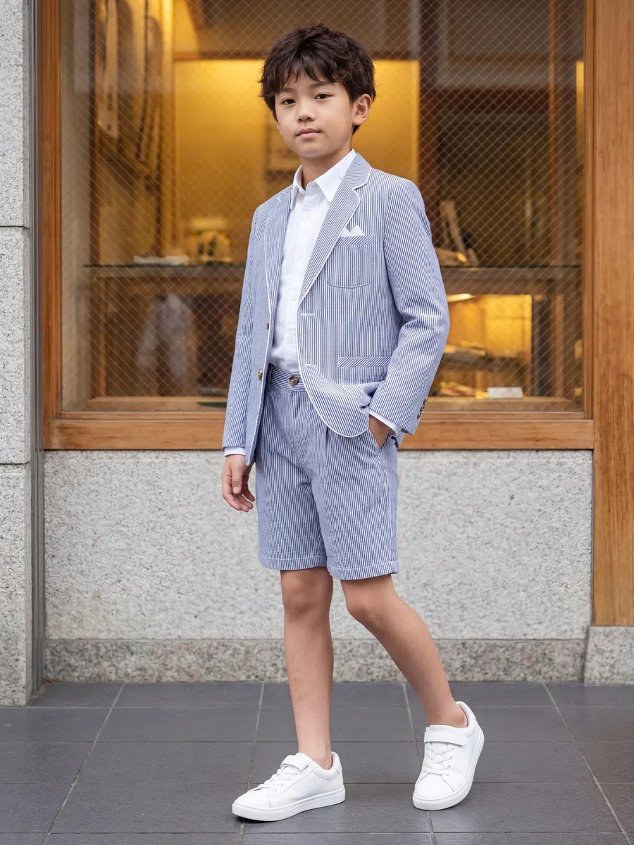 LOLANTA Blazer de Seersucker Transpirable para Niños, Chaqueta Elegante de Traje a Rayas para Verano y Ocasiones Informales