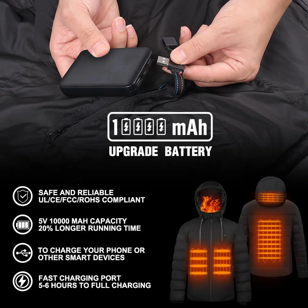 Chaqueta Calefactable con Batería 10000mAh y Capucha para Hombre Mujer, Chaqueta Calefactable de 3 Niveles de Calefacción, Chaqueta Termica para Al aire libre Esquí Trabajo