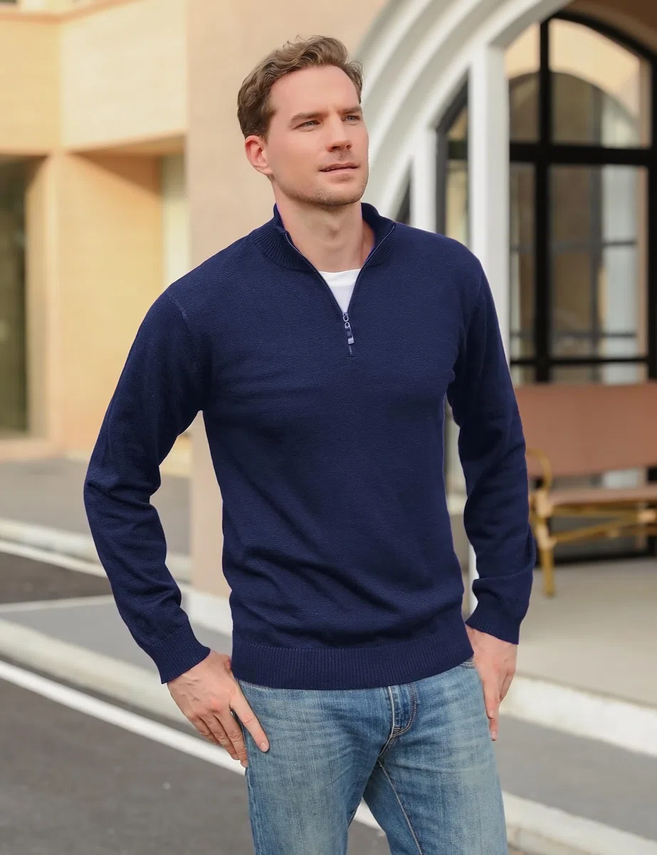 iClosam Men's Quarter Zip Knitted Pullover Regular Fit with Stand-Up Collar