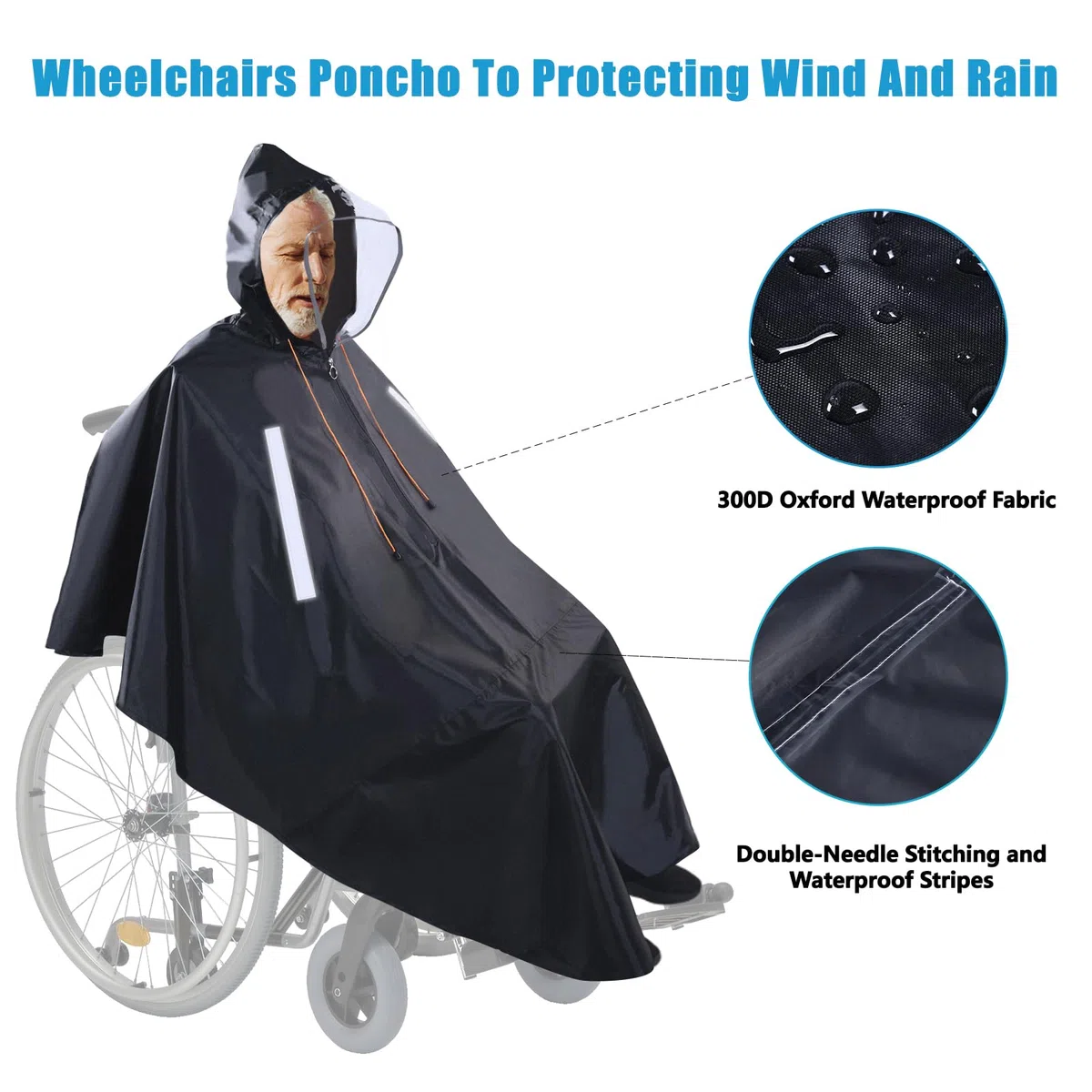 Funda Poncho Lluvia para Silla de Ruedas con Capucha Semitransparente, Chubasquero Silla de Ruedas con cremallera impermeable y tiras reflectantes, Wheelchair Raincoat para andador movilidad y scooter