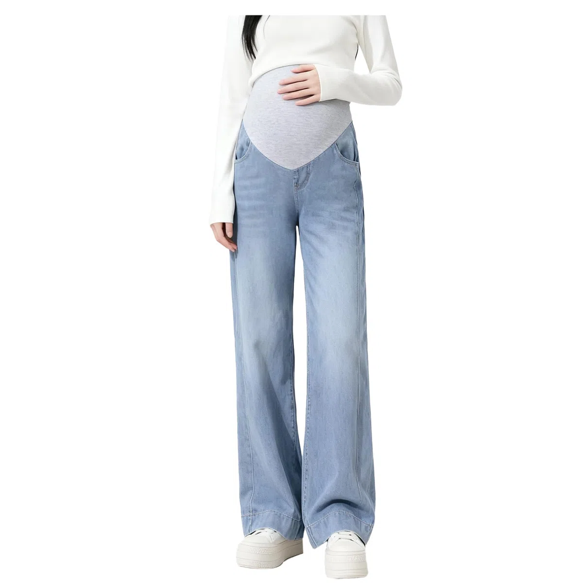 Pantalones vaqueros embarazados para mujer, cintura ajustable, corte ancho, pantalones vaqueros elásticos con bolsillos para mujeres pequeñas de hasta 170 cm