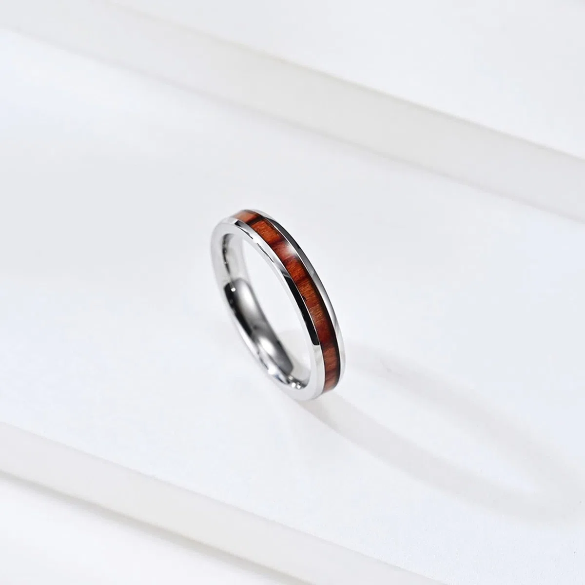 Anillo Boda Plata Pareja, Anillos Boda Mujer Acero Inoxidable 2 Piezas Anillo de Madera con Incrustaciones de 4mm