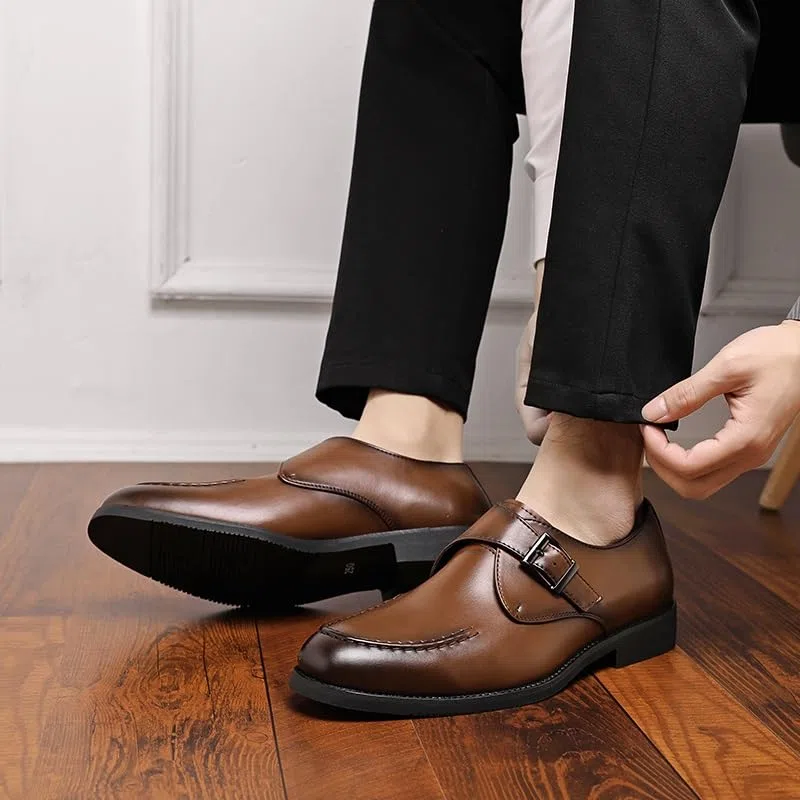Zapatos de vestir para hombre, punta redonda bruñida, piel sintética, correa de monje, puntera baja, suela de goma antideslizante, tacón de bloque, trabajo antideslizante