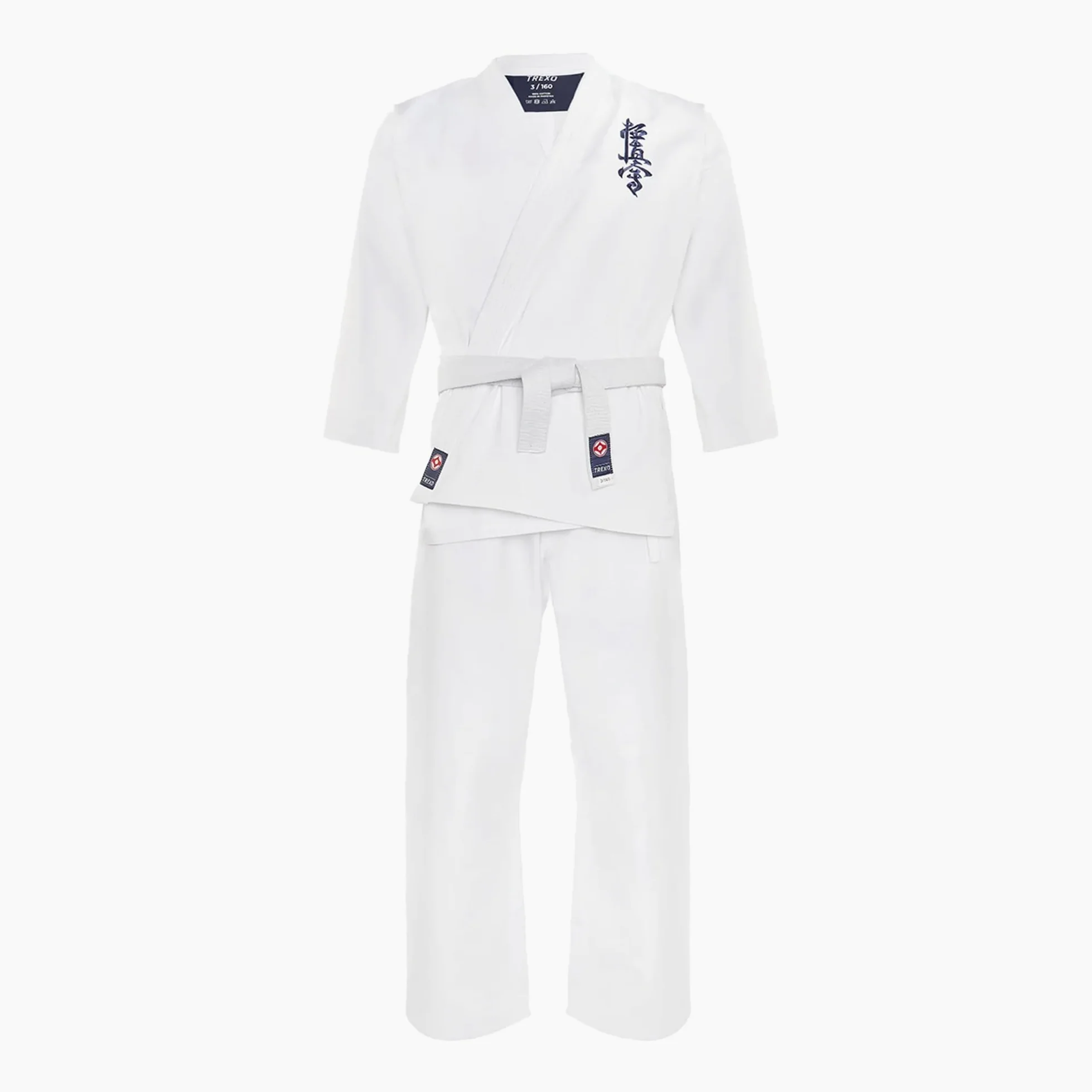 TREXO Karatega con bordado Kyokushin para karate en color blanco para 140 cm de estatura, juego de pantalones regulables, kimono, cinturón, ideal para principiantes, costuras fuertes, materiales