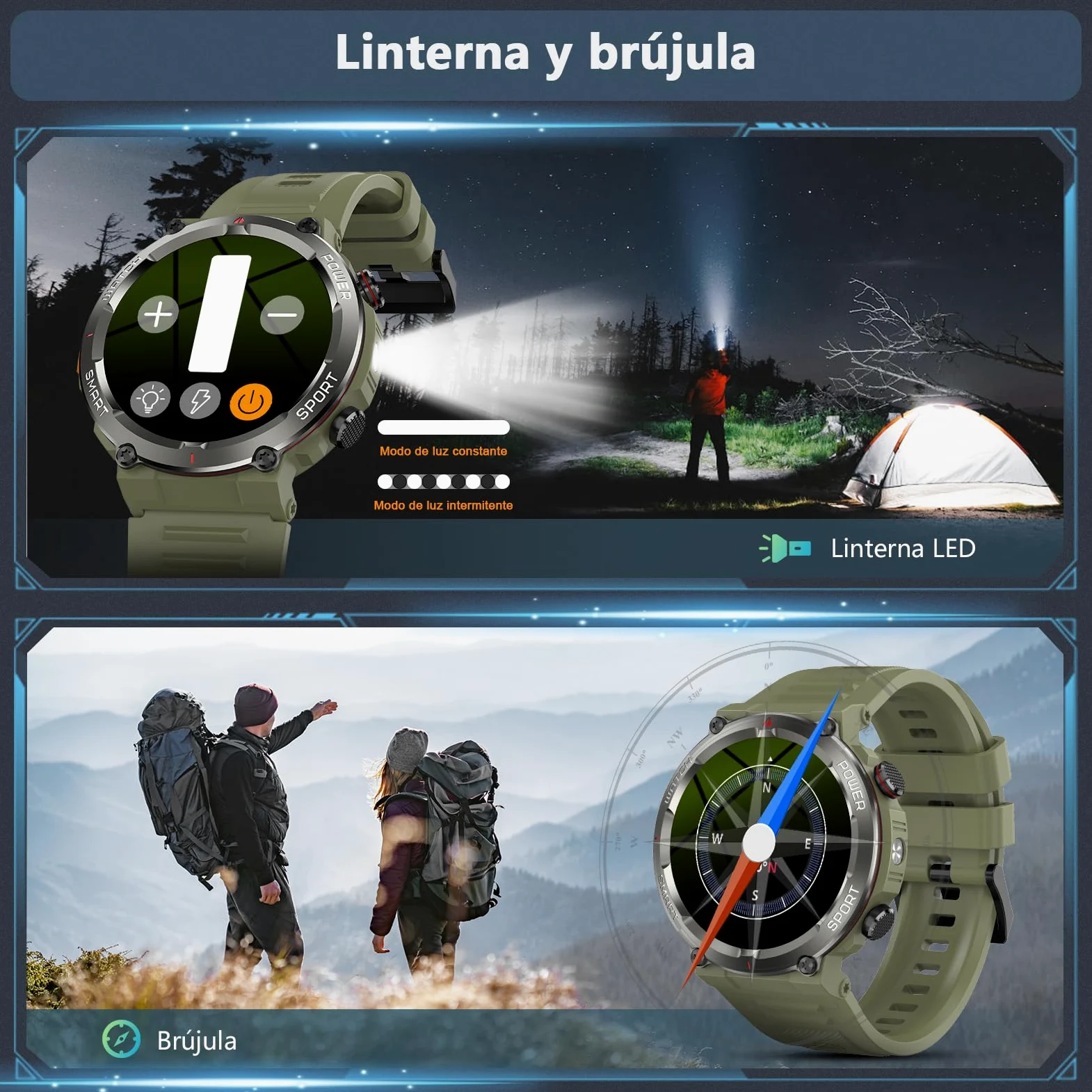 Reloj Inteligente Hombre, Smartwatch Hombre con Linterna y Brújula, 1.45" Smartwatch con Llamadas Bluetooth Monitor Sueño, 2 Correas,Pulsera Actividad Impermeable IP68