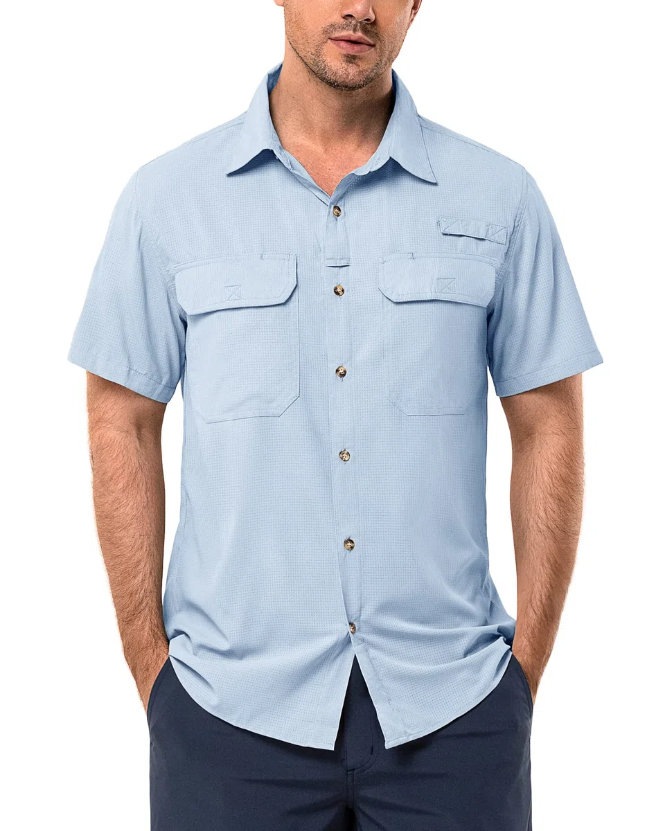33,000ft Men's UPF 50+ UV Protection Short Sleeved Shirts Quick Dry Button Down Shirts Cooling Hiking Shirt for Travel Safari Fishing