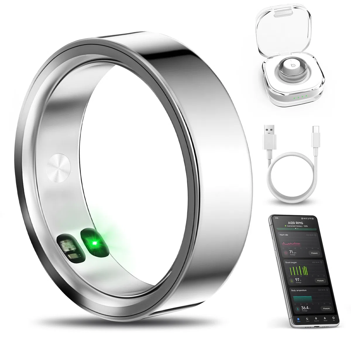 El primer anillo inteligente del mundo con alertas de llamadas/reloj/eventos, sin suscripción a la aplicación, temperatura corporal/frecuencia cardíaca/rastreador de salud de la mujer, anillo