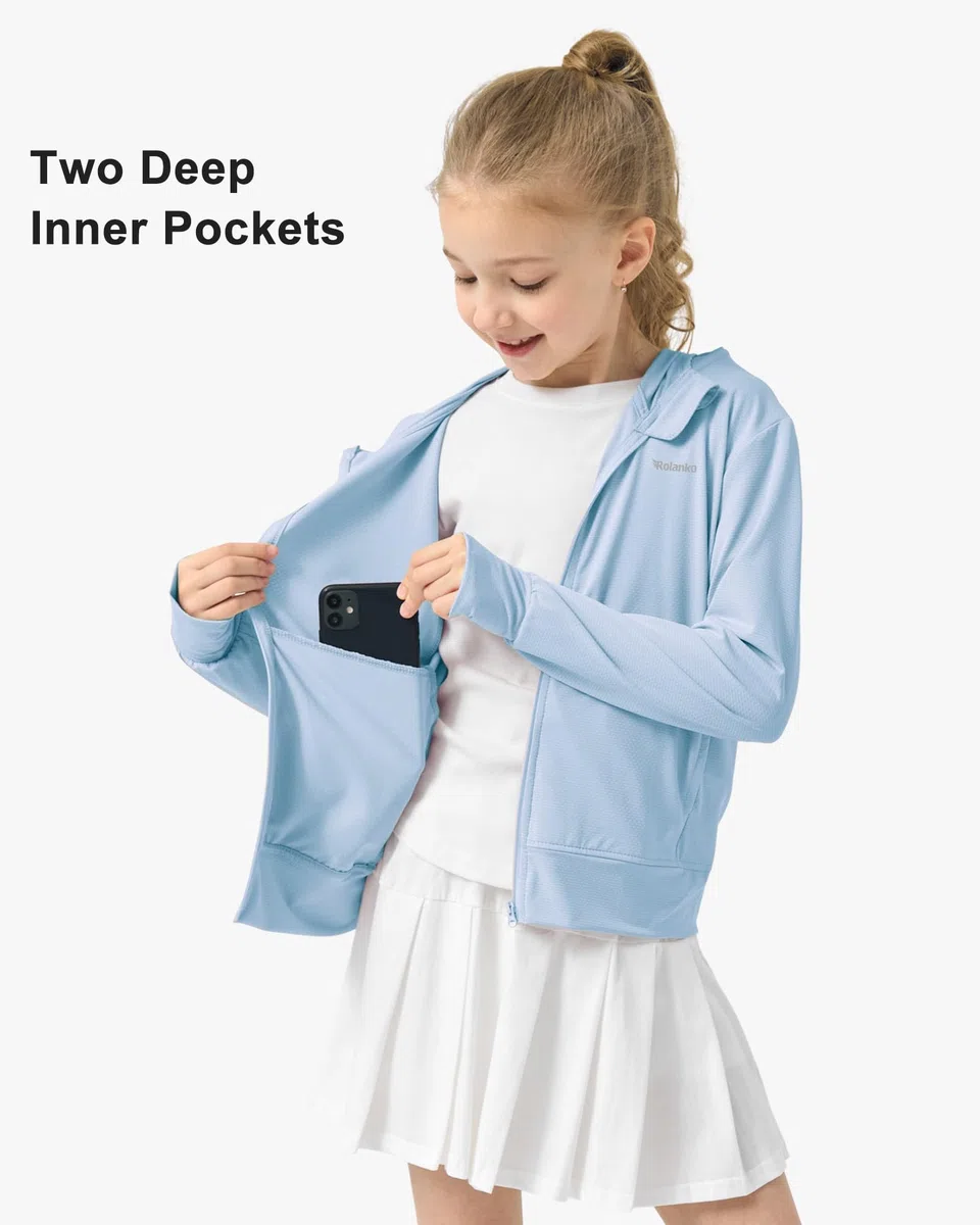 Rolanko Chaqueta de Verano para Niñas Agujeros para los Pulgares Manga Larga Protección Solar Secado Rápido Sudadera con Capucha y Cremallera Tops para Niños