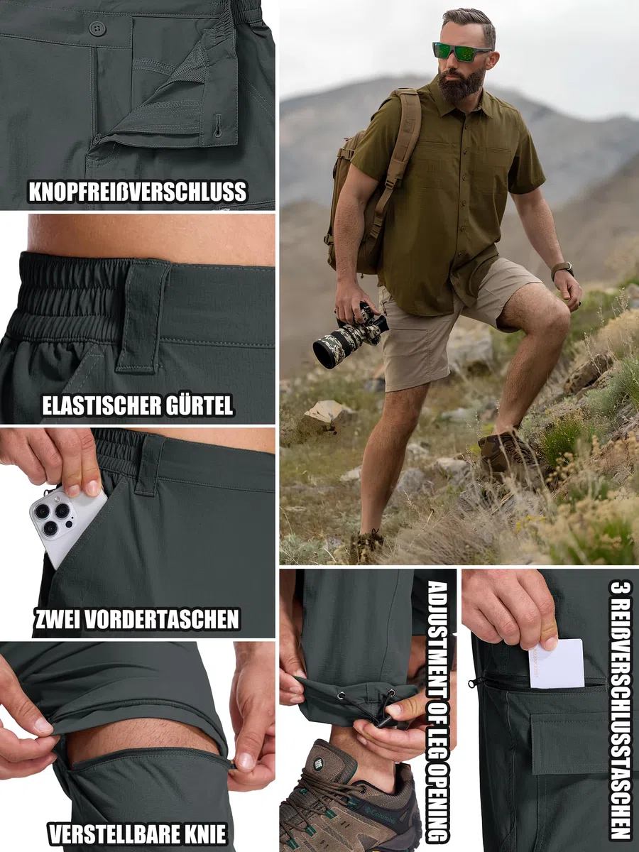 Pantalón Hombre Convertible, Pantalón de Senderismo Verano Ligero Transpirable de Secado Rápido Desmontable, Cargo 6 Bolsillos para Senderismo, Trekking, Ciclismo, Viaje, Camping