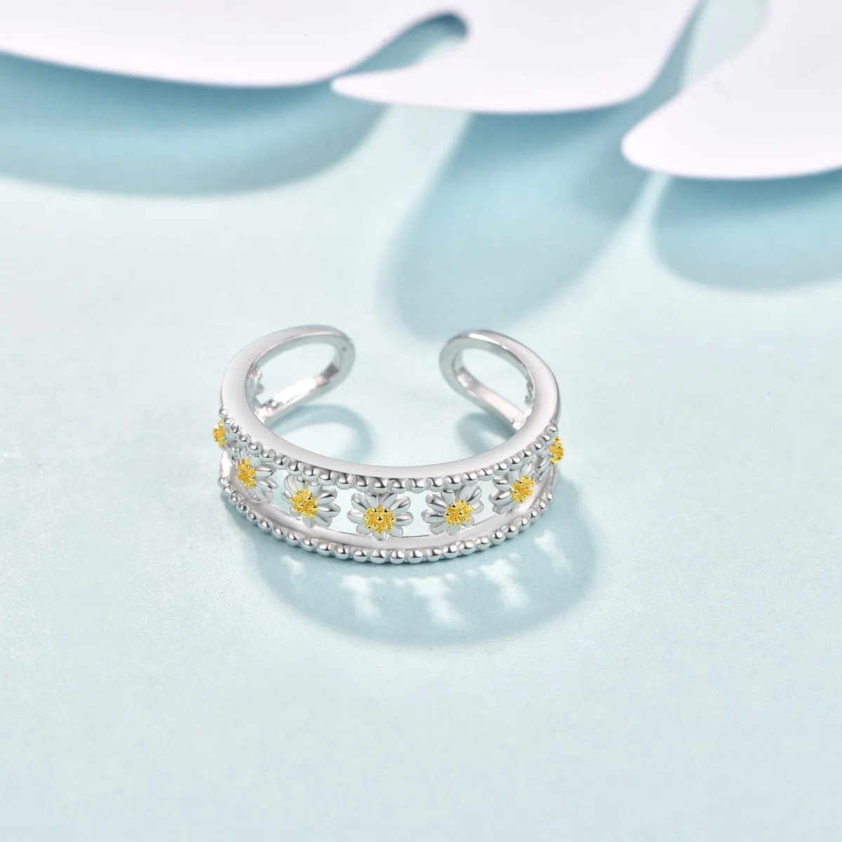 KINGWHYTE Daisy Rings for Women 925 Sterling Silver Adjustable Flower Open Ring Birthday Christmas Jewellery Gifts for Girls