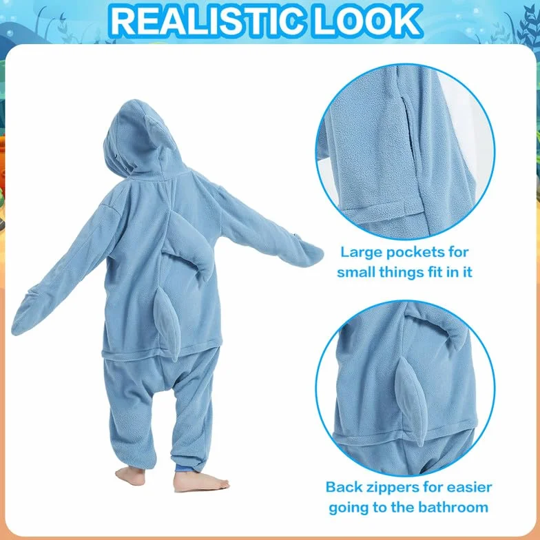 Mono de Dibujos Animados, Azul Tiburón Mandíbula Pijama, Bata, Mameluco, Ropa de Dormir, Disfraz de Cosplay, Fiesta de Halloween para Niños de 4 a 6 Años