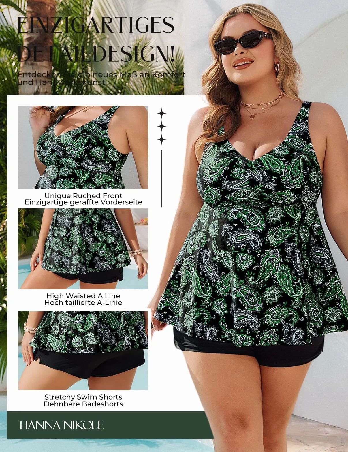 Hanna Nikole Tankini Mujer Tallas Grandes,Traje de baño de cintura alta de dos piezas,Traje de baño con bolsillos