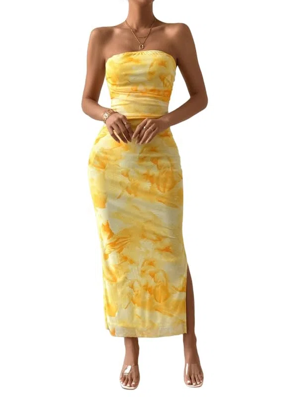 Mujer Vestido Largo Ajustado Sexy Tie Dye Vestidos de Tubo Elegante sin Mangas Maxi Vestido sin Tirantes de Fiesta Verano Fruncido Vestidos con Abertura para Cóctel Boda Invitada Noche Club