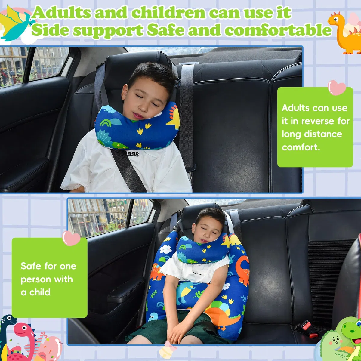 Cojín de viaje para niños en coche, cojín para niños en forma de H, cojín de viaje lavable y cómodo para dormir en el coche, cojín cervical para niños en viajes largos