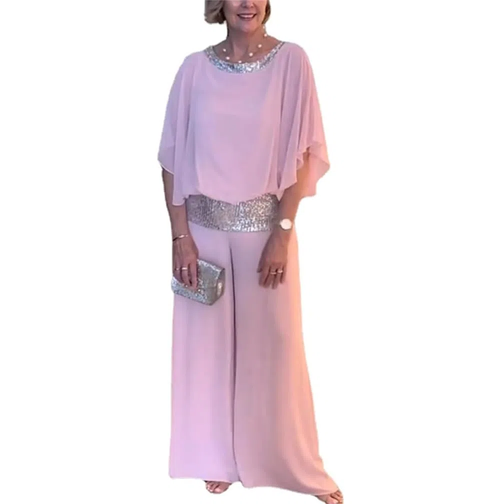 Conjunto elegante de 2 piezas con lentejuelas para mujer, holgado, color sólido, casual, de dos piezas, de gasa de verano, pantalones semiformales, trajes para boda, fiesta de noche, pantalones