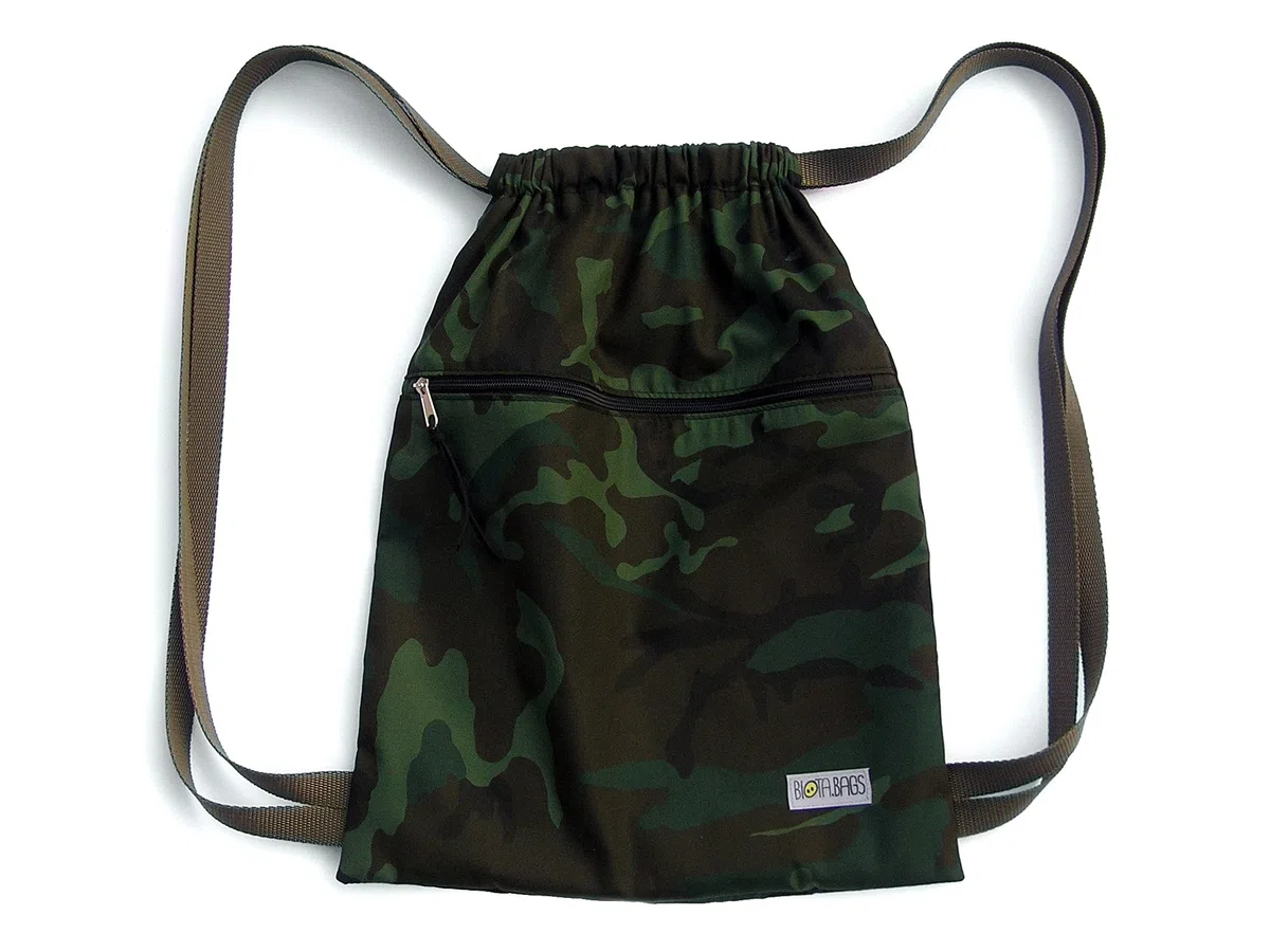 Mochila saco de tela Camuflaje, Bolsa petate unisex, Bolso sport todoterreno, Ligera y resistente