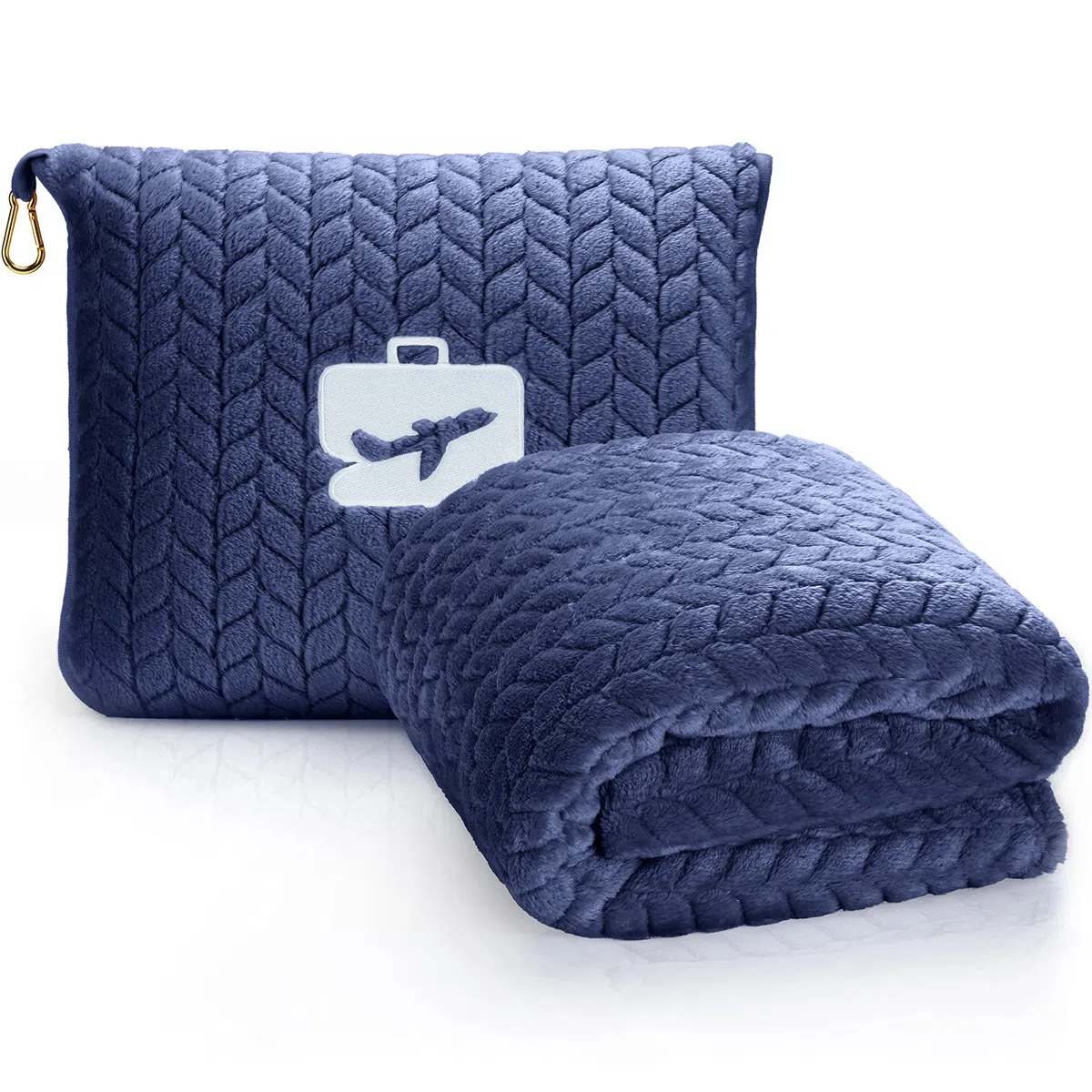 EverSnug Almohada de Viaje, Manta Suave 2 en 1 de avión con Funda de Almohada Suave, Funda de Equipaje de Mano y Clip para Mochila (Azul Marino)