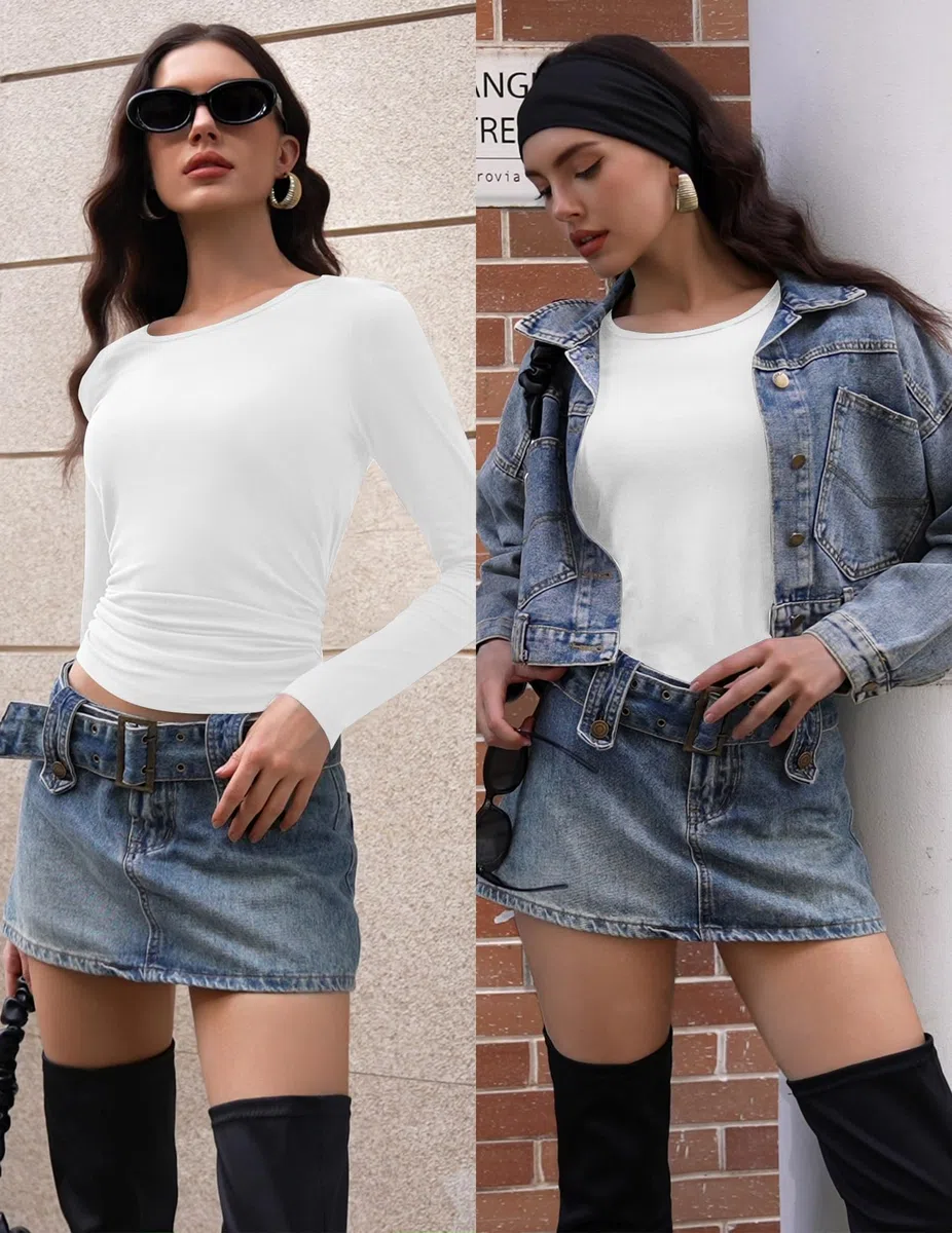 Ekouaer Camiseta Manga Larga Mujer 3pcs Elástica Camiseta Termica Cuello en U Ajustado Ropa Mujer Invierno Térmica, Negro + Azul Grisáceo + Blanco L
