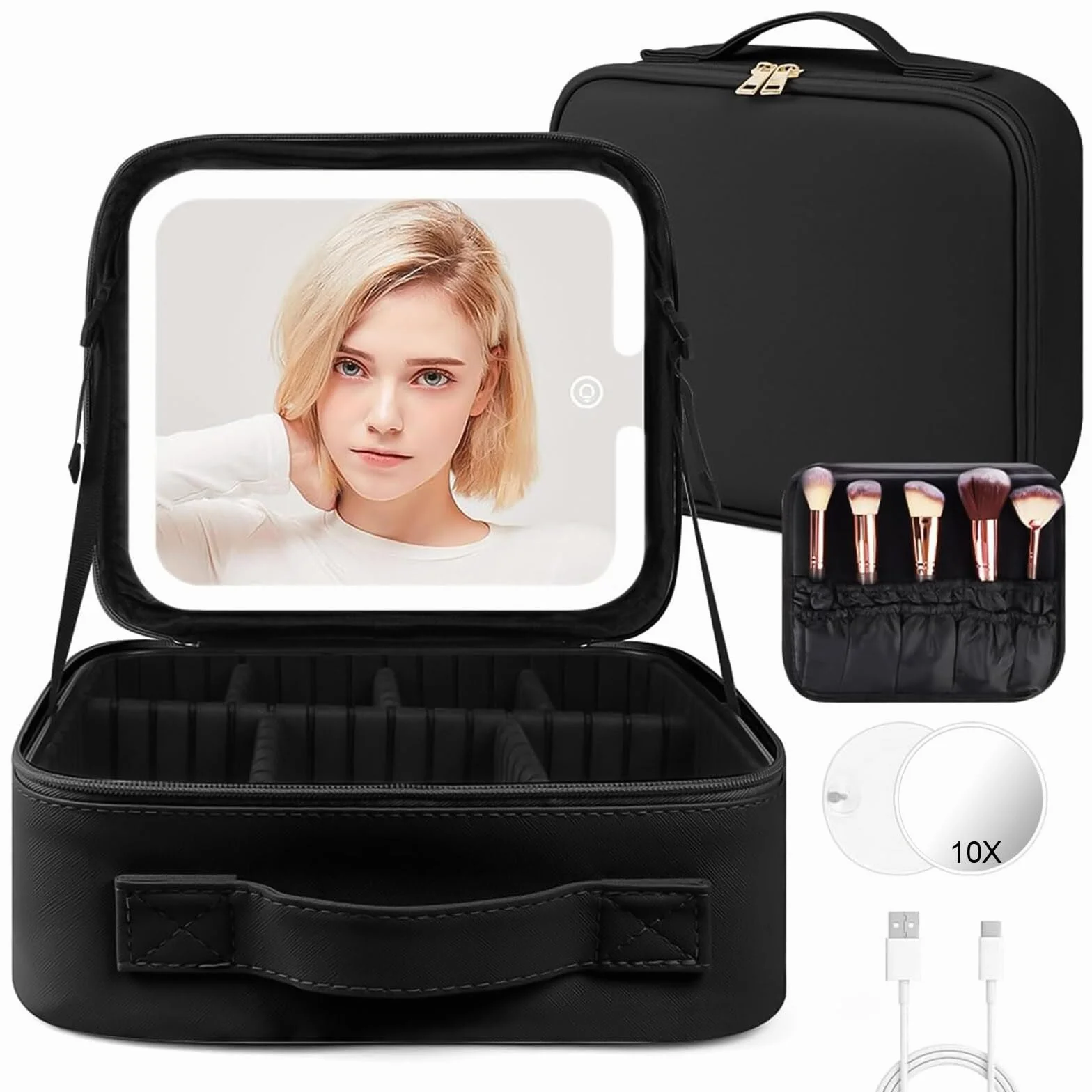 OSDUE Estuches de Maquillaje con Espejo Iluminado, PU Impermeable Maquillaje, Recargable Espejo LED (3 Colores y Regulación Continua) Profesional Neceseres de Viaje, EVA Compartimentos Ajustables Nero