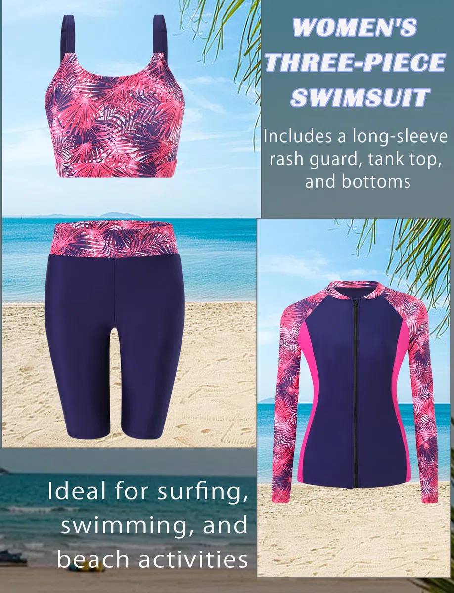 Bañador de 3 piezas para mujer, protección solar, conjunto Rashguard de manga larga + pantalones cortos y tankini surf playa