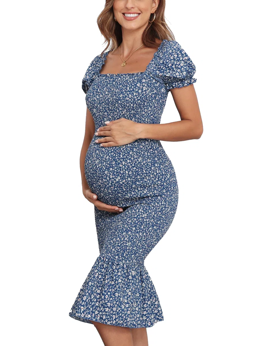 Vestido ajustado de verano de longitud media para maternidad con estampado floral, mangas abullonadas, escote cuadrado y volante en el dobladillo estilo sirena, ideal para fiestas del bebé
