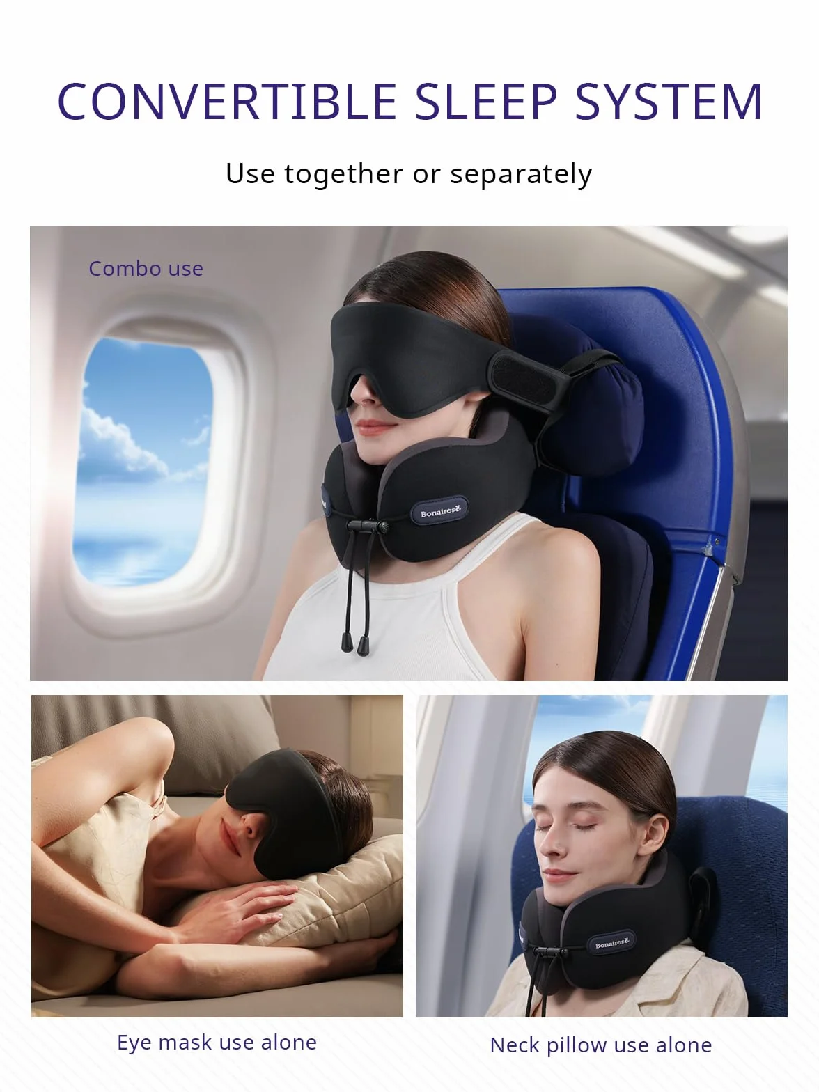 Almohada de Viaje, Almohada Cervical para Avión con Antifaz 3D y Correa de Asiento para Vuelos Largos y Viajes por Carretera, Espuma de Doble Densidad, Esencial para Viajes en Negro & Morado