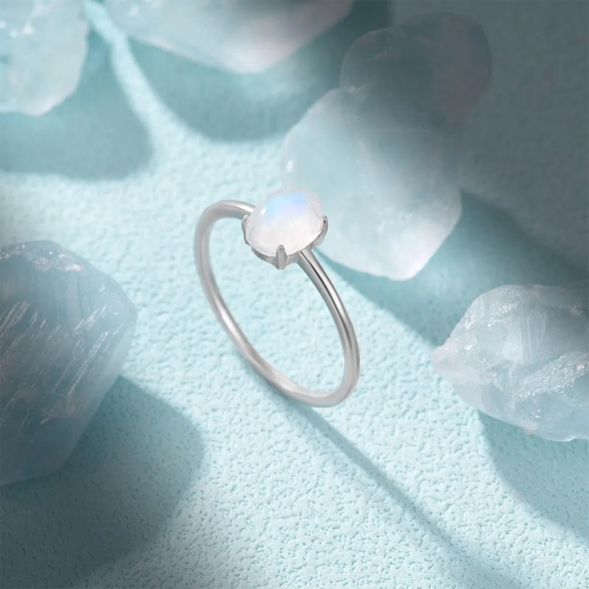 Anillos Boda Oro Blanco 9K/14K/18 Kilates de Mujer, Ovalado con Piedra de Luna, Anillos de Plata Compromiso Mujer