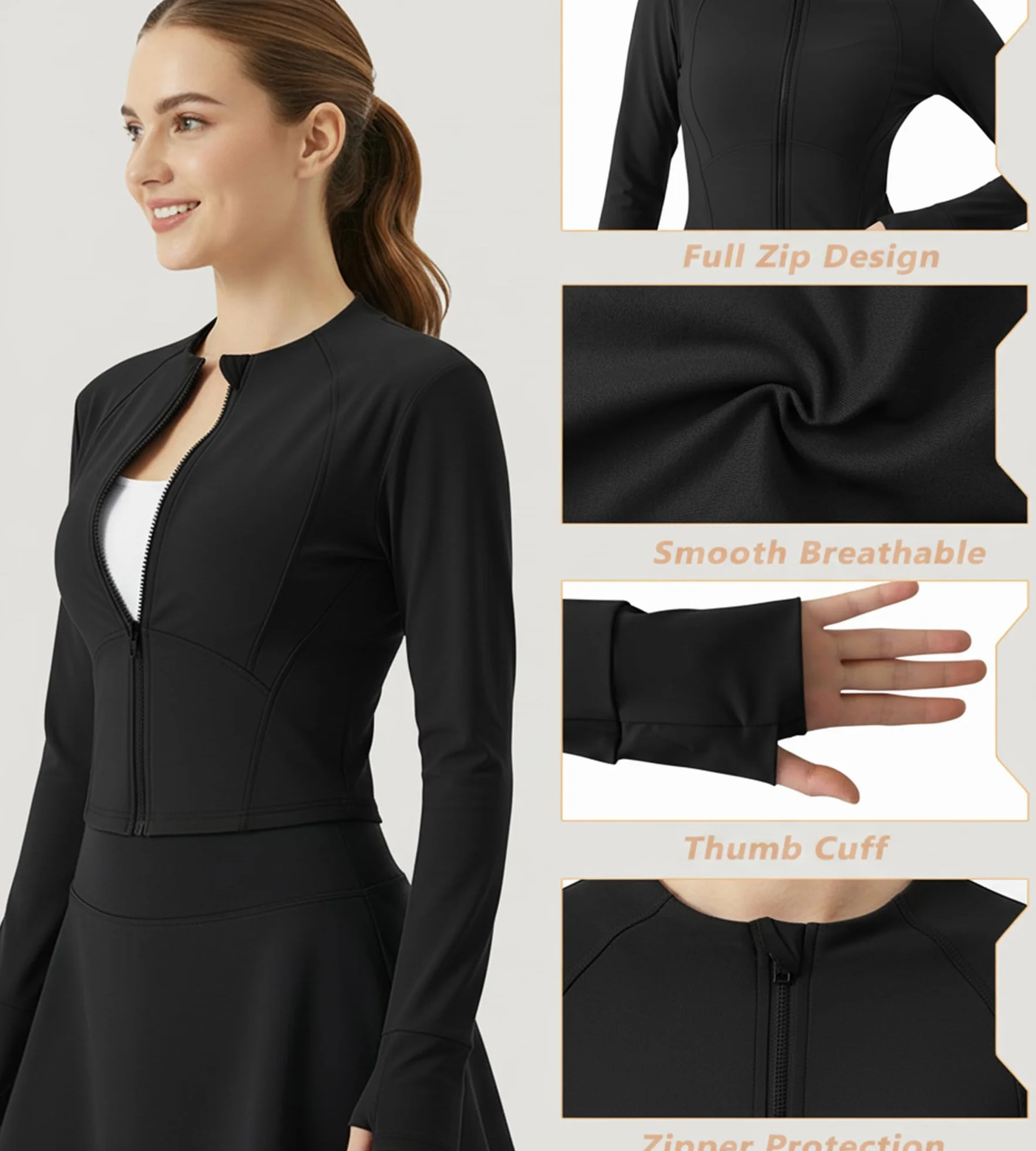 Chaqueta Deportiva Mujer Manga Larga Chaqueta De Running Yoga Ropa Transpirable Sudadera Corriendo Tops Fitness Correr Chaquetas de Entrenamiento Gym con Cremallera Agujeros para los Pulgares