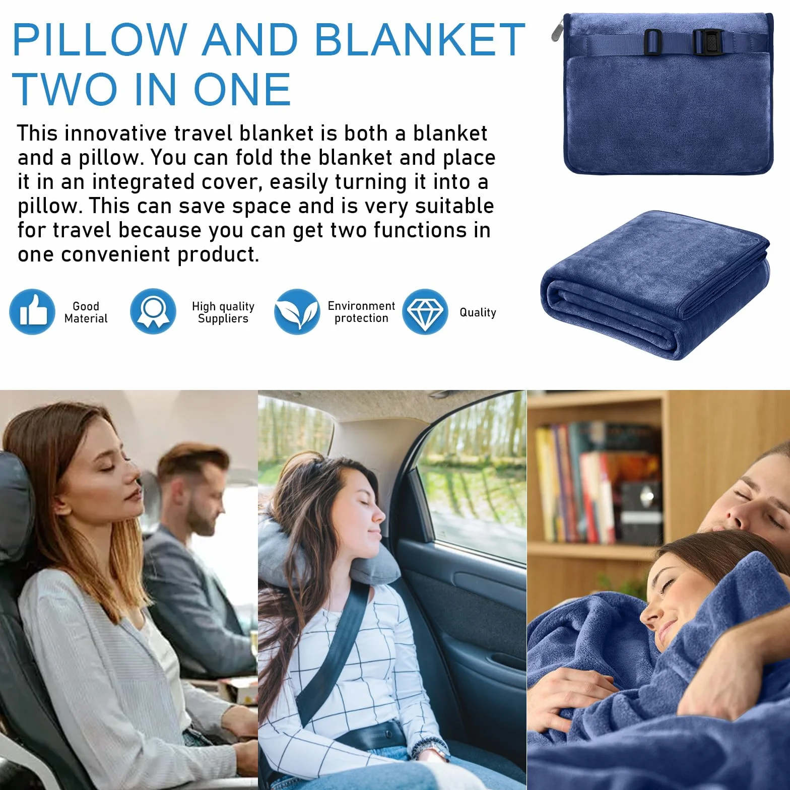 BAIFULAI Manta de viaje para avión, almohada 2 en 1, manta de avión, ultraligera, cálida, con antifaz para dormir y tapones para los oídos, cojín transformador, gadgets de viaje para vacaciones,