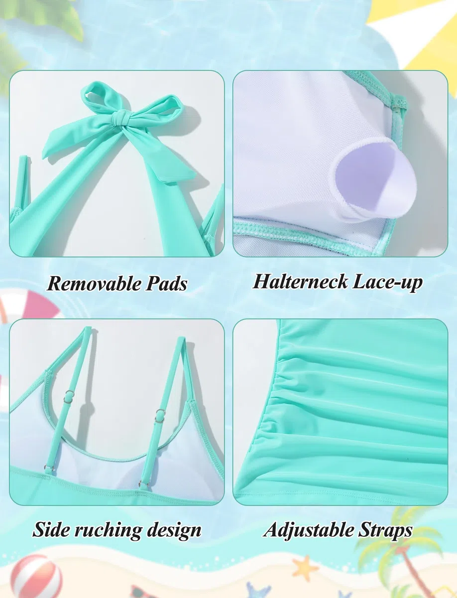 Happy Cherry Bañador para niña de 2 piezas, tankini con tirantes, bañador estampado con cordón, traje de baño para adolescentes, vestido de baño de verano