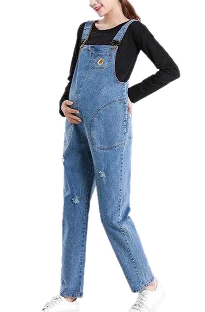 Suncolour Overoles de Maternidad con Pechera Rasgados Peto de Mezclilla Mamelucos Largos Monos de Jeans Ajustables en la Cintura