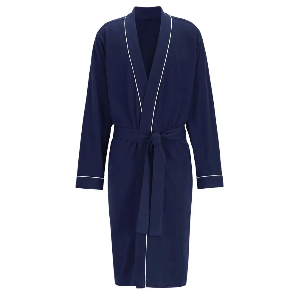 HOLOVE Batshrobes de algodón puro para hombre, kimono ligero y batas con capucha, ropa de dormir suave para spa, Azul marino, Large/X-Large