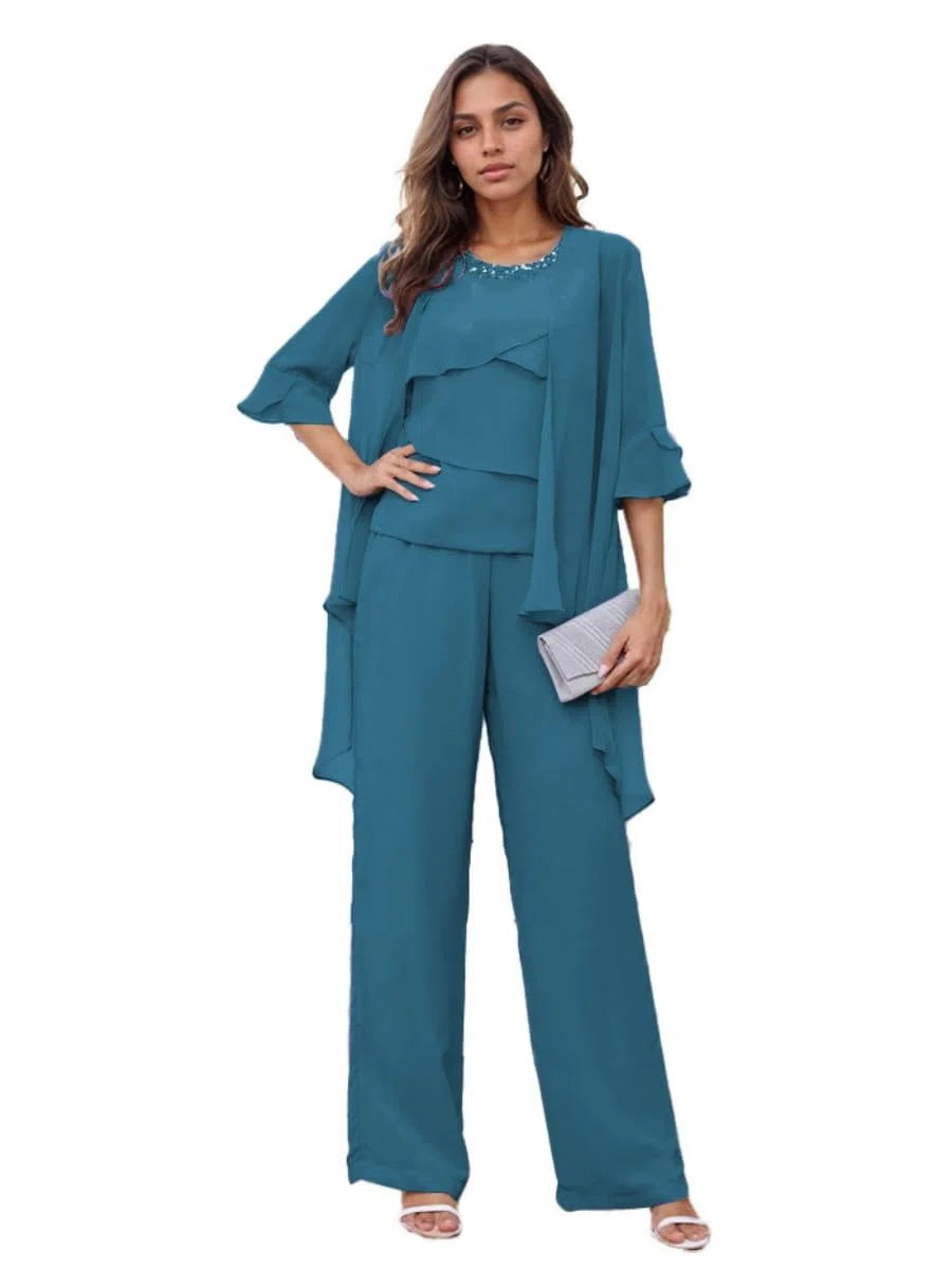 Conjunto de pantalones para madre de la novia, conjunto de 3 piezas de gasa para boda, formal, vestido de noche para mujer