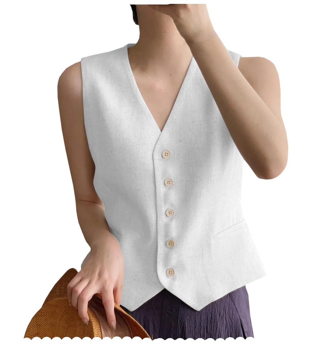 Chaleco de lino para mujer, cuello en V, de un solo pecho, elegante chaleco de negocios, top
