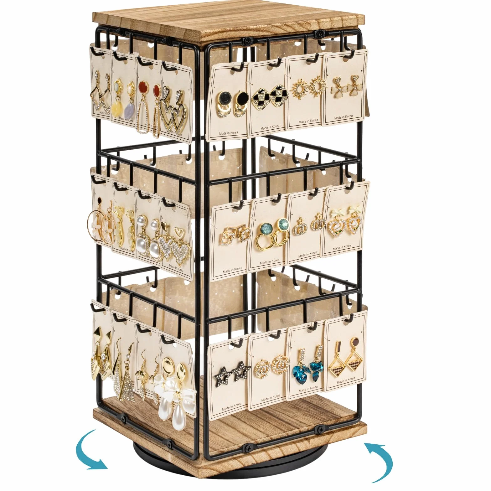 Organizador Pendientes, Expositor de Pendientes Giratorio 360°, Expositor Pendiente 3 Capas con 48 Ganchos, Bandeja de Madera, para Pendientes, Tachuelas (Metal y Madera)