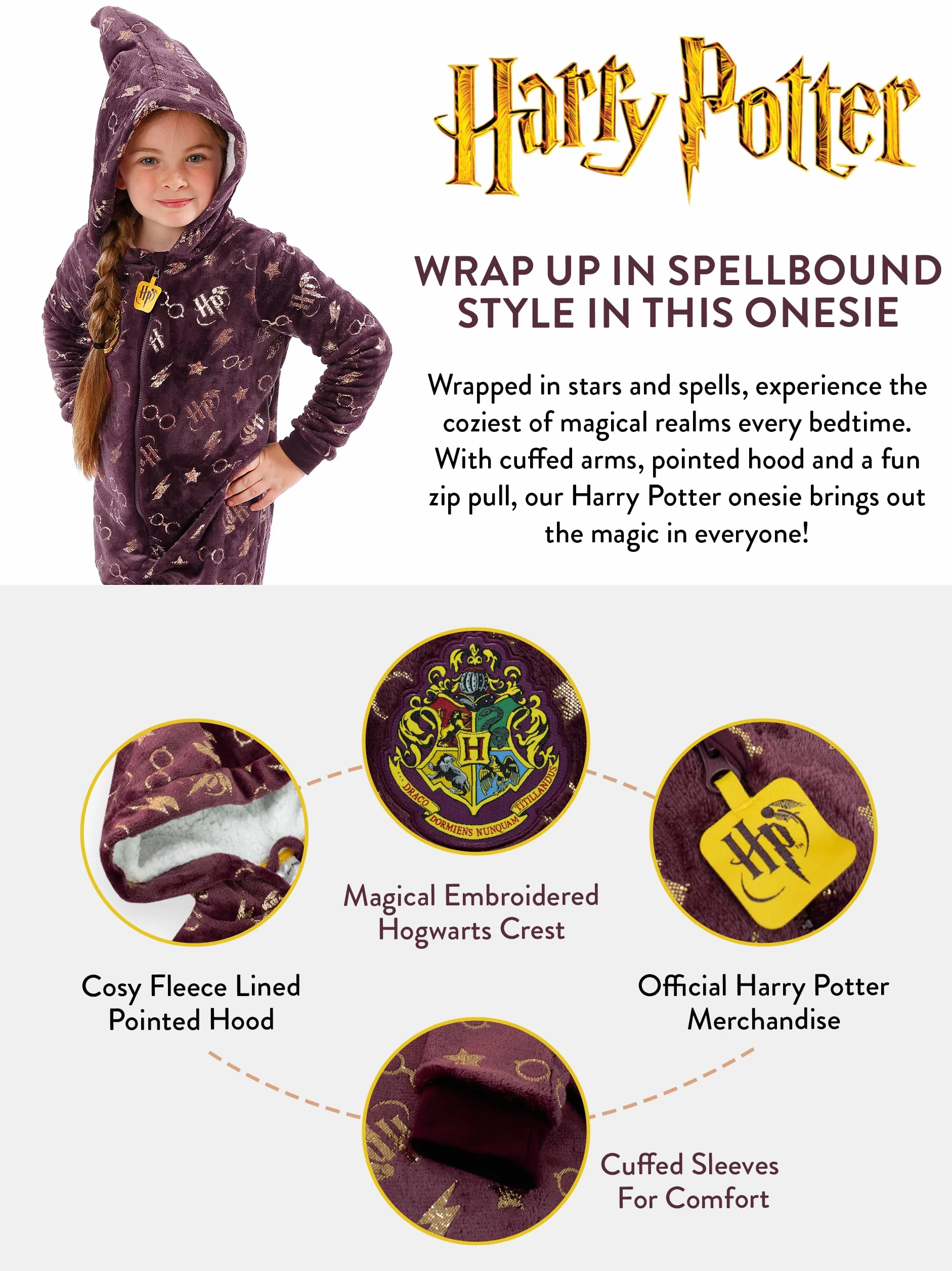Harry Potter Mono niñas | Monos de Hogwarts para niñas | Pijamas de Gryffindor | 5 a 13 años | Mercancía Oficial
