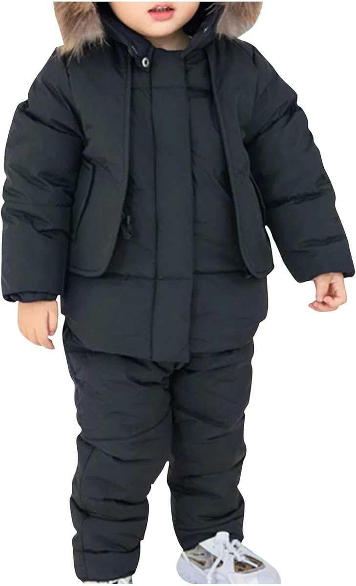 Traje de esquí de Dos Piezas con Cuello de Piel Grande para niños Traje de esquí Impermeable y a Prueba de Viento Pantalones de esquí para niños y niñas Traje cálido