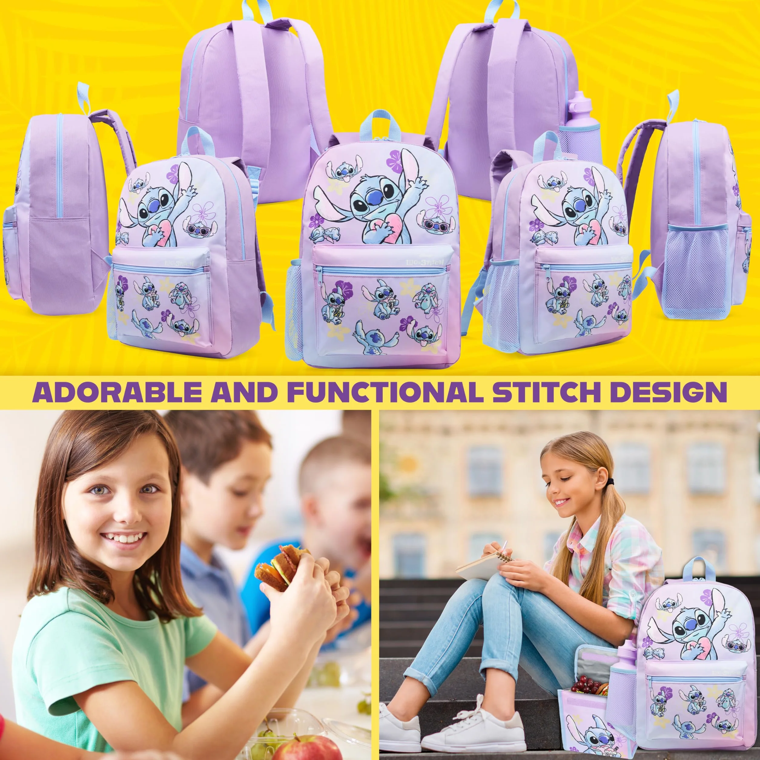 Disney Stitch Mochila Escolar Niña Adolescente Chica con Estuche Infantil Botella de Agua y Bolsa de Almuerzo Set de Material Escolar 4 Pzs