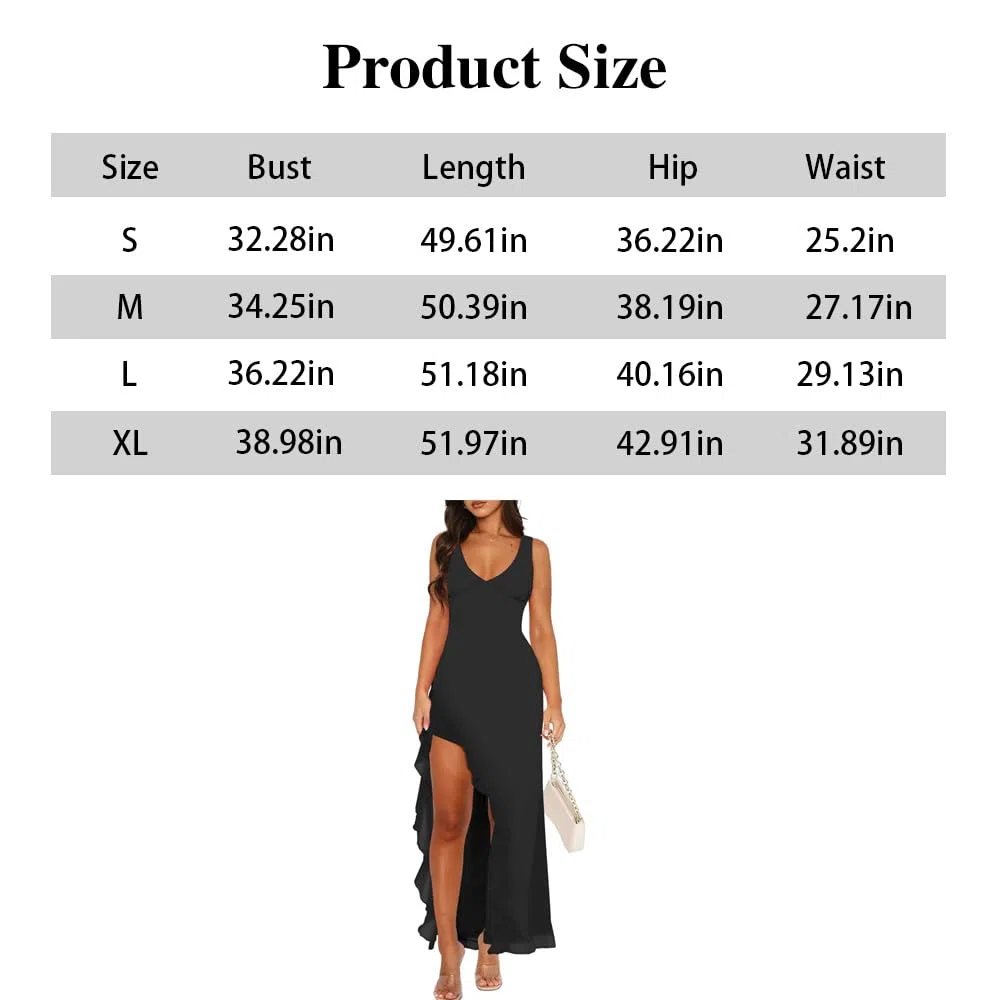 Vestido Mujer Maxi sin Manga con Cuello V Rajado Verano Elegante Volante Dobladillo Maxivestido para Cóctel Fiesta Noche(Negro/XL)