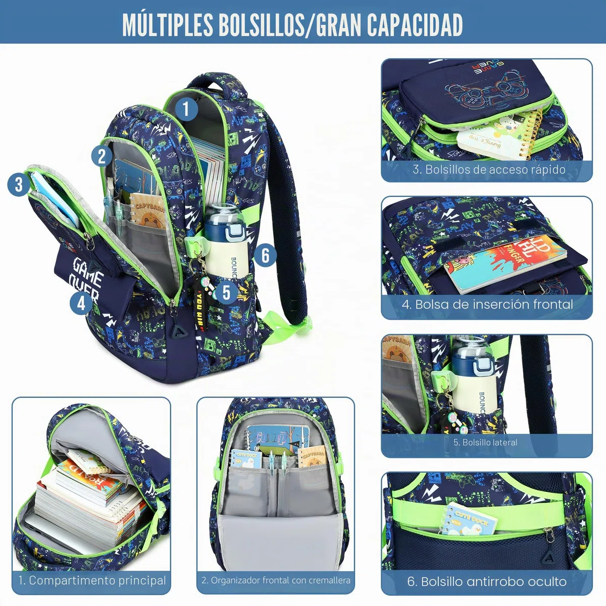 Makukke - Juego de mochilas escolares para niños, mochila para estudiantes gamers, adolescentes con lonchera y estuche para lápices, para estudiantes de primaria y secundaria, 15.6inch, Juegos