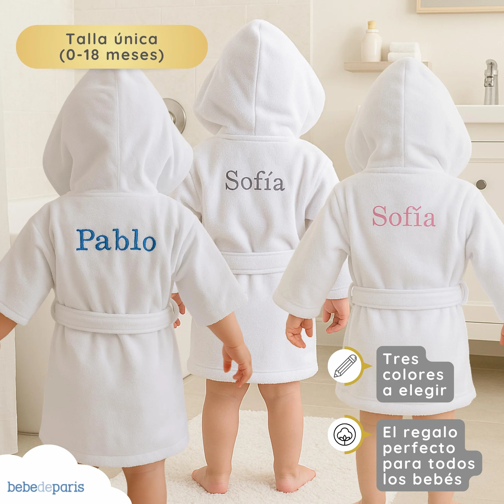 BebeDeParis Albornoz Bebé | Regalos para Bebes Recien Nacidos Personalizado con el Nombre bordado en Gris Rosa o Azul | 0 a 18 meses | 100% Algodón muy Suave + Accesorios