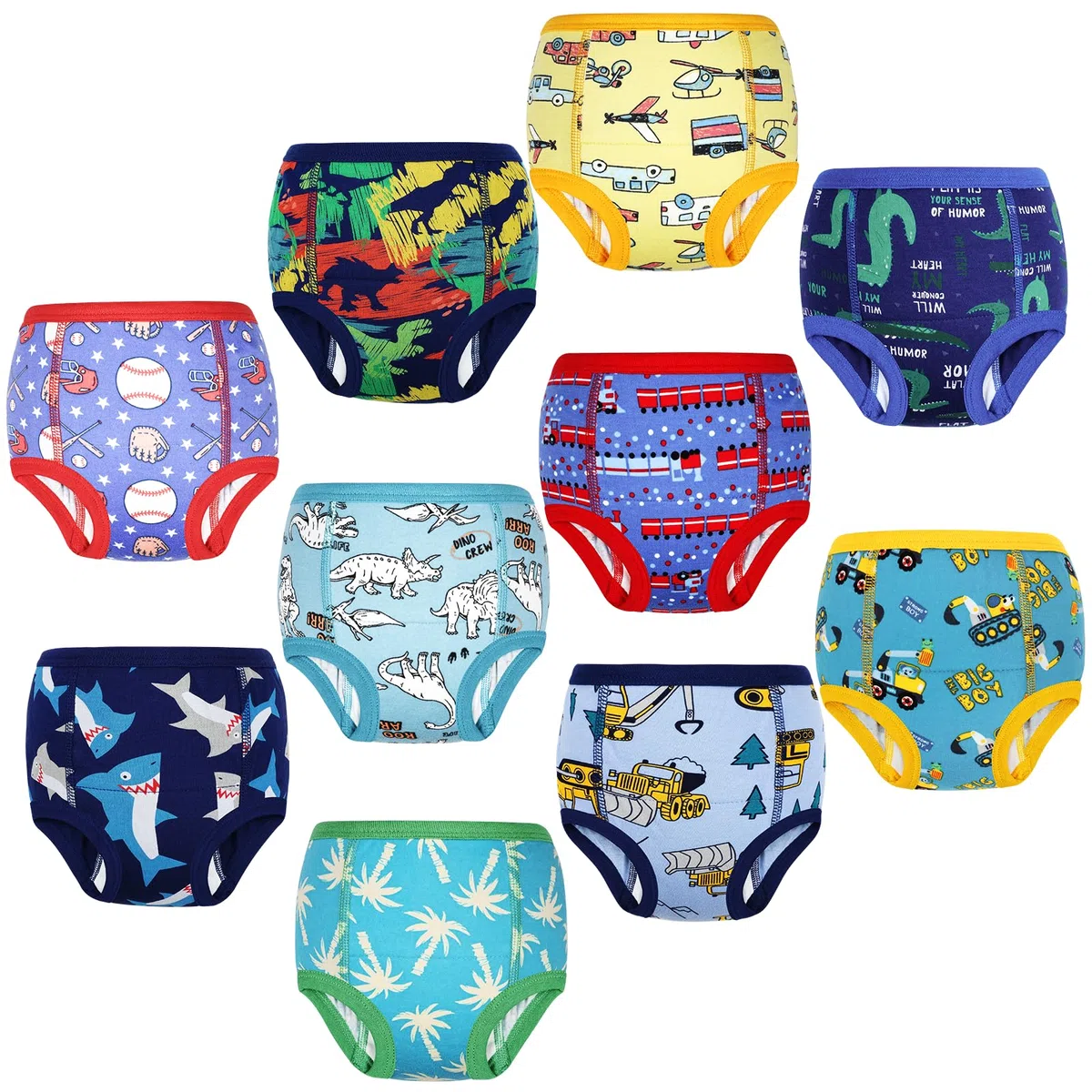 FLYISH DIRECT Ropa Interior de Entrenamiento 100% Algodón, 10 Paquetes de Braguitas de Aprendizaje para Niños y Niñas, Reutilizables y Lavables, Dinos y Vehículos Mix, 5 Años