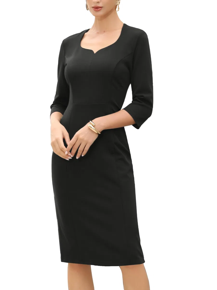 Allegra K Vestidos Midi para Mujer de Trabajo Manga 3/4 Escote Corazón Cintura Alta Vestido de Oficina