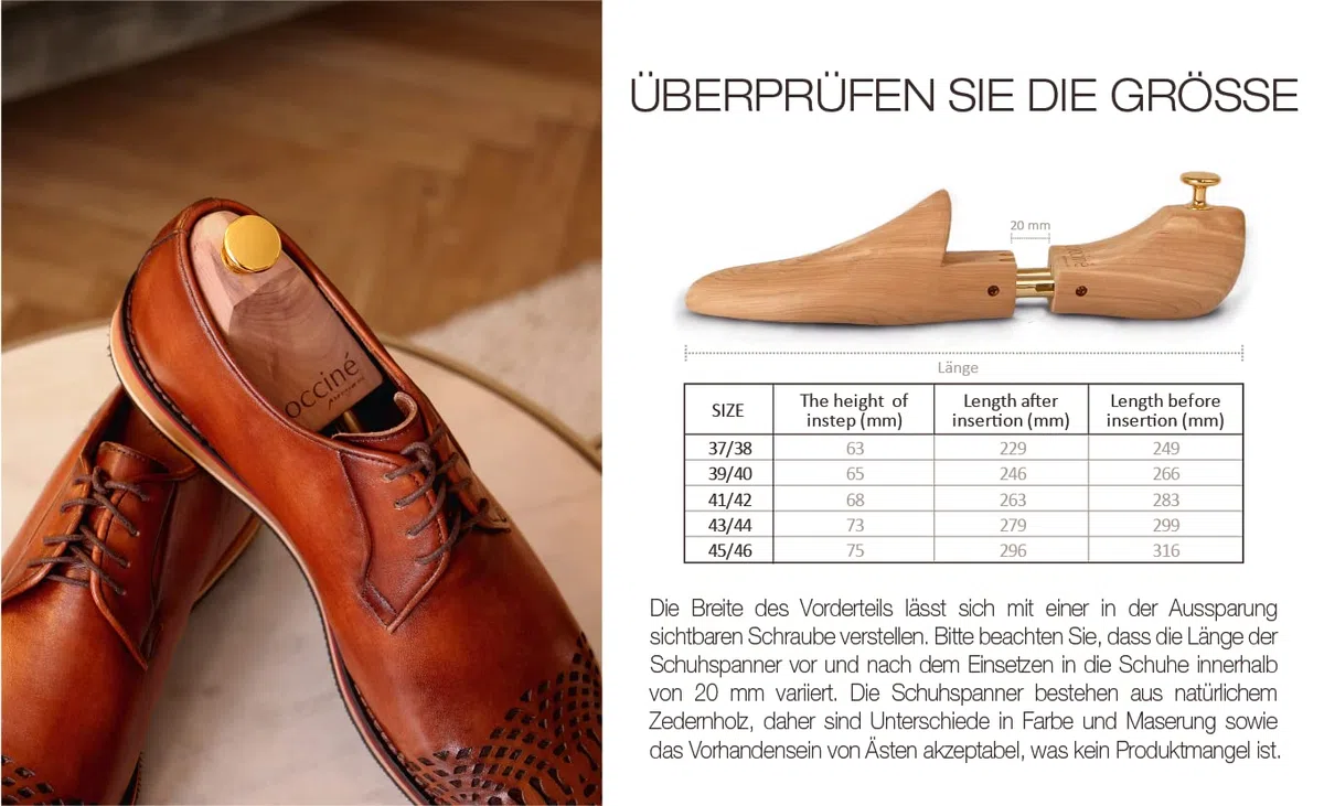 Coccine - Horma para zapatos de madera de cedro, extrafuerte, protección contra torceduras, tensor de madera para todos los zapatos, con muelles ajustables, 41-42