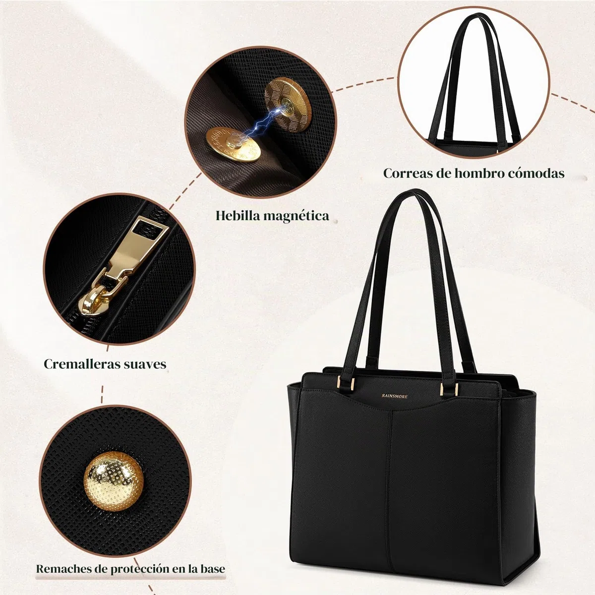 RAINSMORE Bolso Mujer Grande Bolso Universidad Impermeable para Portátil 14 Pulgadas Bolsos Tote Cuero PU con Cremallera Bolsillo Interior para Compras Viajes Colegio Oficina