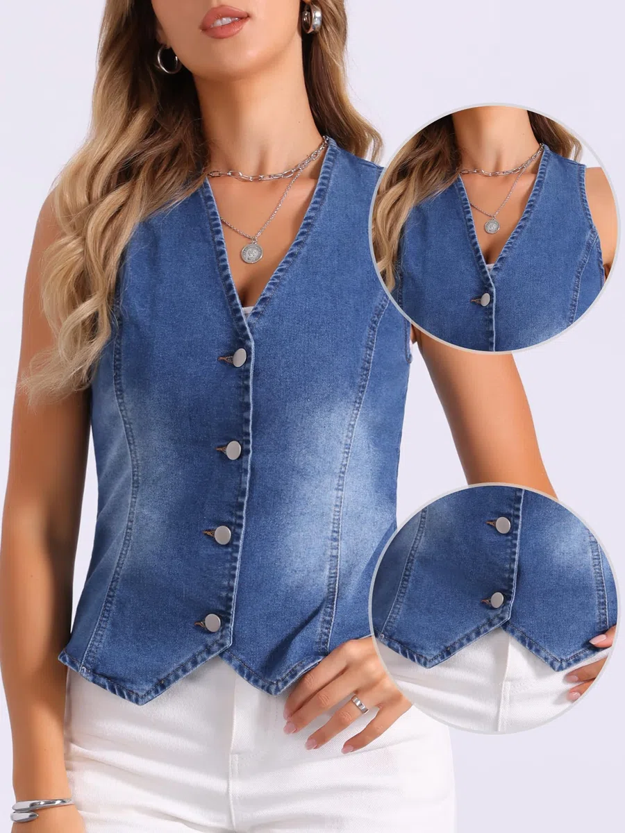 Allegra K Chaleco vaquero para mujer con cuello en V, tira de botones, elegante, sin mangas, chaqueta vaquera